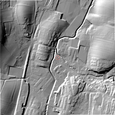 Shaded relief map of the ground around BB186WE, computed from Environment Agency LiDAR. The ground here sits at about 132 m above sea level and falls 31 m across the surrounding 800 m. Surface water reaching this point runs off ground lying to the south-east, 21.6 m higher.