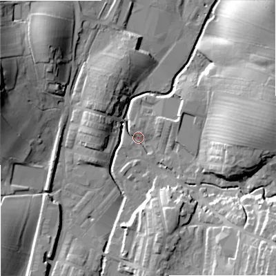Shaded relief map of the ground around BB186WF, computed from Environment Agency LiDAR. The ground here sits at about 132 m above sea level and falls 26 m across the surrounding 800 m. Surface water reaching this point runs off ground lying to the east, 17.9 m higher.
