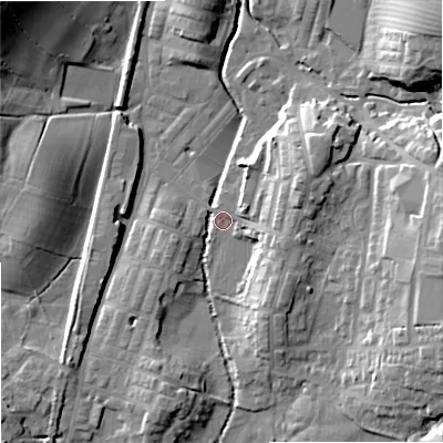 Shaded relief map of the ground around BB186XA, computed from Environment Agency LiDAR. The ground here sits at about 133 m above sea level and falls 26 m across the surrounding 800 m. Surface water reaching this point runs off ground lying to the east-north-east, 10.8 m higher.