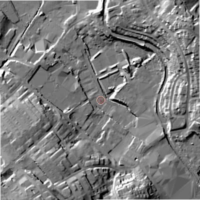 Shaded relief map of the ground around BB186YH, computed from Environment Agency LiDAR. The ground here sits at about 144 m above sea level and falls 28 m across the surrounding 800 m. Surface water reaching this point runs off ground lying to the south-south-west, 24.0 m higher.