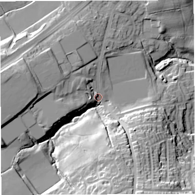 Shaded relief map of the ground around BB18QA, computed from Environment Agency LiDAR. The ground here sits at about 152 m above sea level and falls 46 m across the surrounding 800 m. Surface water reaching this point runs off ground lying to the south, 34.1 m higher.