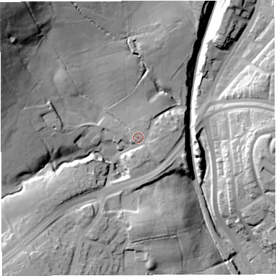Shaded relief map of the ground around BB18QU, computed from Environment Agency LiDAR. The ground here sits at about 151 m above sea level and falls 51 m across the surrounding 800 m. Surface water reaching this point runs off ground lying to the south-east, 2.1 m higher.