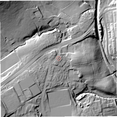 Shaded relief map of the ground around BB18QW, computed from Environment Agency LiDAR. The ground here sits at about 154 m above sea level and falls 47 m across the surrounding 800 m. Surface water reaching this point runs off ground lying to the north-north-west, 1.7 m higher.