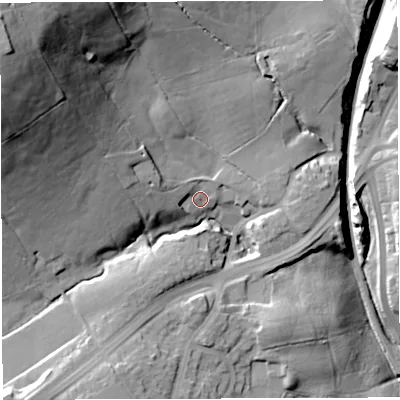 Shaded relief map of the ground around BB18RP, computed from Environment Agency LiDAR. The ground here sits at about 150 m above sea level and falls 60 m across the surrounding 800 m. Surface water reaching this point runs off ground lying to the north-west, 49.0 m higher.