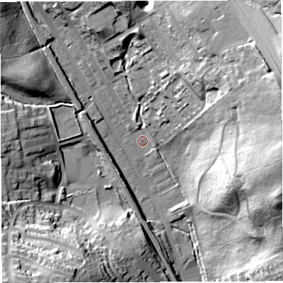 Shaded relief map of the ground around BB19AN, computed from Environment Agency LiDAR. The ground here sits at about 131 m above sea level and falls 47 m across the surrounding 800 m. Surface water reaching this point runs off ground lying to the east-north-east, 41.1 m higher.