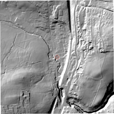 Shaded relief map of the ground around BB19AT, computed from Environment Agency LiDAR. The ground here sits at about 125 m above sea level and falls 81 m across the surrounding 800 m. Surface water reaching this point runs off ground lying to the east-north-east, 70.6 m higher.
