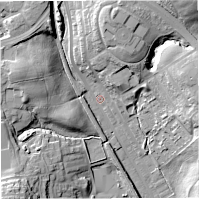 Shaded relief map of the ground around BB19AU, computed from Environment Agency LiDAR. The ground here sits at about 135 m above sea level and falls 44 m across the surrounding 800 m. Surface water reaching this point runs off ground lying to the north, 27.3 m higher.