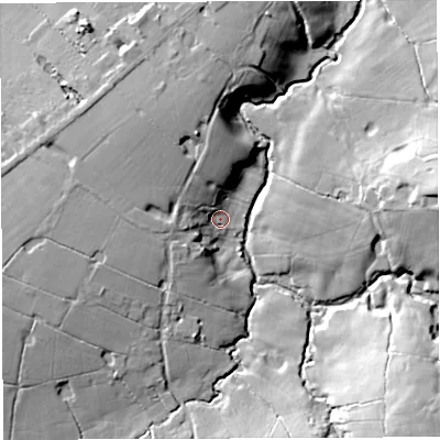Shaded relief map of the ground around BB19DR, computed from Environment Agency LiDAR. The ground here sits at about 91 m above sea level and falls 22 m across the surrounding 800 m. Surface water reaching this point runs off ground lying to the north-north-west, 9.0 m higher.