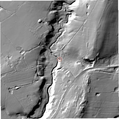 Shaded relief map of the ground around BB19ET, computed from Environment Agency LiDAR. The ground here sits at about 75 m above sea level and falls 33 m across the surrounding 800 m. Surface water reaching this point runs off ground lying to the south-south-east, 27.5 m higher.