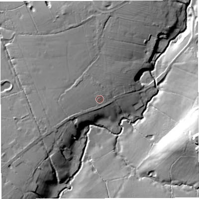 Shaded relief map of the ground around BB19EX, computed from Environment Agency LiDAR. The ground here sits at about 94 m above sea level and falls 33 m across the surrounding 800 m. Surface water reaching this point runs off ground lying to the west-south-west, 5.2 m higher.