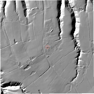 Shaded relief map of the ground around BB19EY, computed from Environment Agency LiDAR. The ground here sits at about 77 m above sea level and falls 35 m across the surrounding 800 m. Surface water reaching this point runs off ground lying to the south-south-west, 2.7 m higher.