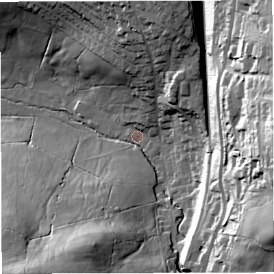 Shaded relief map of the ground around BB19PP, computed from Environment Agency LiDAR. The ground here sits at about 121 m above sea level and falls 68 m across the surrounding 800 m. Surface water reaching this point runs off ground lying to the east, 60.2 m higher.