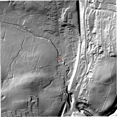Shaded relief map of the ground around BB19PX, computed from Environment Agency LiDAR. The ground here sits at about 124 m above sea level and falls 76 m across the surrounding 800 m. Surface water reaching this point runs off ground lying to the south-west, 55.3 m higher.