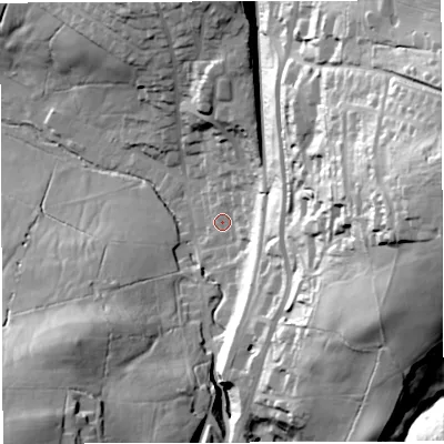 Shaded relief map of the ground around BB19PY, computed from Environment Agency LiDAR. The ground here sits at about 125 m above sea level and falls 83 m across the surrounding 800 m. Surface water reaching this point runs off ground lying to the east, 22.0 m higher.