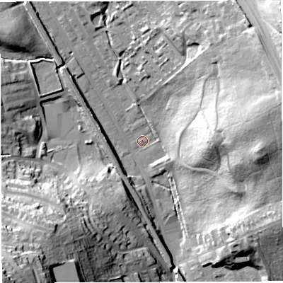 Shaded relief map of the ground around BB19SH, computed from Environment Agency LiDAR. The ground here sits at about 130 m above sea level and falls 56 m across the surrounding 800 m. Surface water reaching this point runs off ground lying to the north-east, 42.5 m higher.