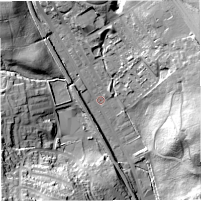 Shaded relief map of the ground around BB19SL, computed from Environment Agency LiDAR. The ground here sits at about 131 m above sea level and falls 49 m across the surrounding 800 m. Surface water reaching this point runs off ground lying to the north-west, 21.1 m higher.