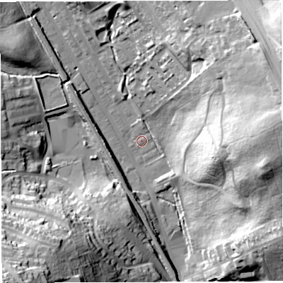 Shaded relief map of the ground around BB19SN, computed from Environment Agency LiDAR. The ground here sits at about 130 m above sea level and falls 54 m across the surrounding 800 m. Surface water reaching this point runs off ground lying to the north, 2.3 m higher.