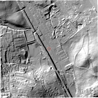 Shaded relief map of the ground around BB19SP, computed from Environment Agency LiDAR. The ground here sits at about 131 m above sea level and falls 59 m across the surrounding 800 m. Surface water reaching this point runs off ground lying to the north-west, 20.5 m higher.