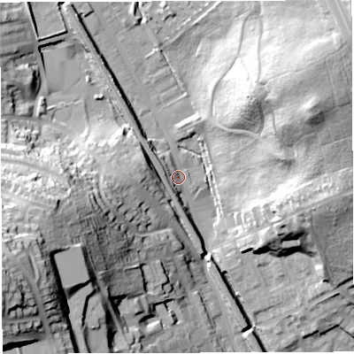 Shaded relief map of the ground around BB19SR, computed from Environment Agency LiDAR. The ground here sits at about 129 m above sea level and falls 55 m across the surrounding 800 m. Surface water reaching this point runs off ground lying to the north-west, 5.6 m higher.