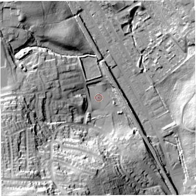 Shaded relief map of the ground around BB19SU, computed from Environment Agency LiDAR. The ground here sits at about 131 m above sea level and falls 63 m across the surrounding 800 m. Surface water reaching this point runs off ground lying to the south-west, 60.4 m higher.