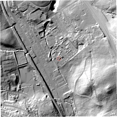 Shaded relief map of the ground around BB19SW, computed from Environment Agency LiDAR. The ground here sits at about 136 m above sea level and falls 52 m across the surrounding 800 m. Surface water reaching this point runs off ground lying to the east-north-east, 37.4 m higher.