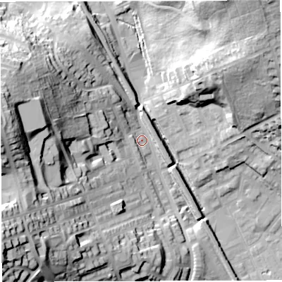 Shaded relief map of the ground around BB19TJ, computed from Environment Agency LiDAR. The ground here sits at about 127 m above sea level and falls 54 m across the surrounding 800 m. Surface water reaching this point runs off ground lying to the west, 47.7 m higher.