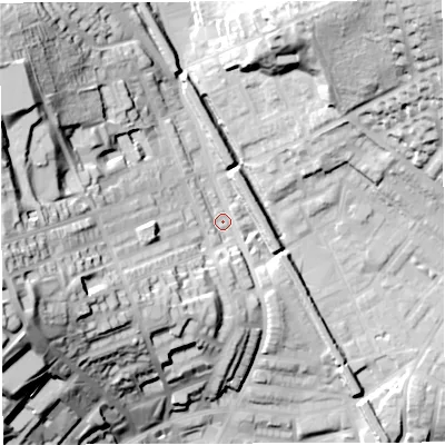 Shaded relief map of the ground around BB19TL, computed from Environment Agency LiDAR. The ground here sits at about 127 m above sea level and falls 53 m across the surrounding 800 m. Surface water reaching this point runs off ground lying to the west-south-west, 25.2 m higher.