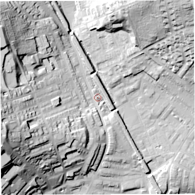 Shaded relief map of the ground around BB19TN, computed from Environment Agency LiDAR. The ground here sits at about 126 m above sea level and falls 48 m across the surrounding 800 m. Surface water reaching this point runs off ground lying to the west-south-west, 40.8 m higher.