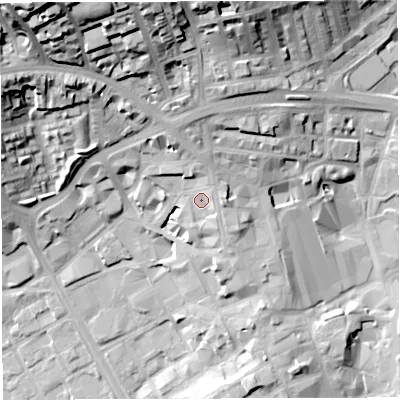 Shaded relief map of the ground around BB21AA, computed from Environment Agency LiDAR. The ground here sits at about 116 m above sea level and falls 44 m across the surrounding 800 m. Surface water reaching this point runs off ground lying to the north-north-east, 2.8 m higher.