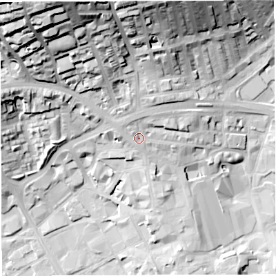 Shaded relief map of the ground around BB21AN, computed from Environment Agency LiDAR. The ground here sits at about 119 m above sea level and falls 58 m across the surrounding 800 m. Surface water reaching this point runs off ground lying to the north-west, 41.2 m higher.