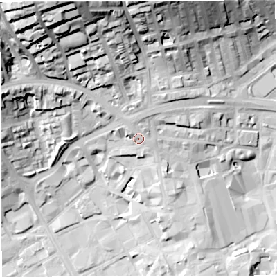 Shaded relief map of the ground around BB21AR, computed from Environment Agency LiDAR. The ground here sits at about 120 m above sea level and falls 55 m across the surrounding 800 m. Surface water reaching this point runs off ground lying to the north-north-west, 41.7 m higher.