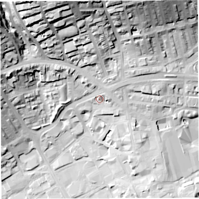 Shaded relief map of the ground around BB21AU, computed from Environment Agency LiDAR. The ground here sits at about 119 m above sea level and falls 58 m across the surrounding 800 m. Surface water reaching this point runs off ground lying to the north, 4.7 m higher.
