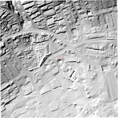 Shaded relief map of the ground around BB21AX, computed from Environment Agency LiDAR. The ground here sits at about 118 m above sea level and falls 59 m across the surrounding 800 m. Surface water reaching this point runs off ground lying to the north-north-east, 4.6 m higher.