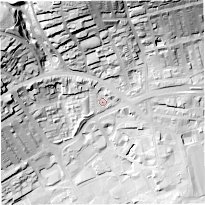 Shaded relief map of the ground around BB21DB, computed from Environment Agency LiDAR. The ground here sits at about 121 m above sea level and falls 61 m across the surrounding 800 m. Surface water reaching this point runs off ground lying to the north-north-west, 47.0 m higher.