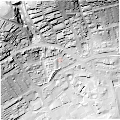 Shaded relief map of the ground around BB21DF, computed from Environment Agency LiDAR. The ground here sits at about 122 m above sea level and falls 62 m across the surrounding 800 m. Surface water reaching this point runs off ground lying to the north-north-west, 45.8 m higher.