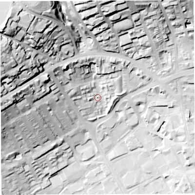 Shaded relief map of the ground around BB21DG, computed from Environment Agency LiDAR. The ground here sits at about 117 m above sea level and falls 65 m across the surrounding 800 m. Surface water reaching this point runs off ground lying to the west-north-west, 49.8 m higher.