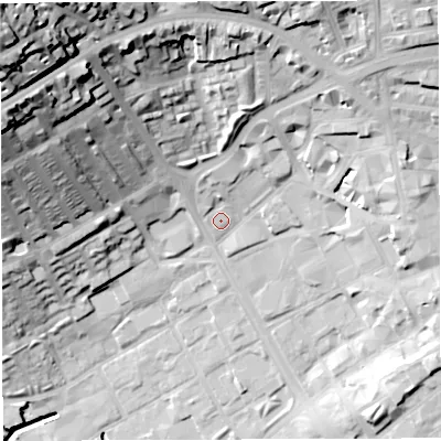 Shaded relief map of the ground around BB21DL, computed from Environment Agency LiDAR. The ground here sits at about 109 m above sea level and falls 64 m across the surrounding 800 m. Surface water reaching this point runs off ground lying to the north, 5.3 m higher.