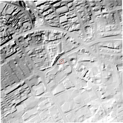 Shaded relief map of the ground around BB21DN, computed from Environment Agency LiDAR. The ground here sits at about 115 m above sea level and falls 62 m across the surrounding 800 m. Surface water reaching this point runs off ground lying to the north-north-west, 5.9 m higher.