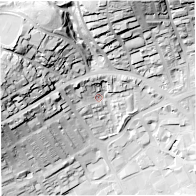 Shaded relief map of the ground around BB21DY, computed from Environment Agency LiDAR. The ground here sits at about 122 m above sea level and falls 64 m across the surrounding 800 m. Surface water reaching this point runs off ground lying to the west-north-west, 47.5 m higher.