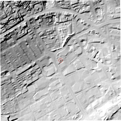 Shaded relief map of the ground around BB21EE, computed from Environment Agency LiDAR. The ground here sits at about 111 m above sea level and falls 66 m across the surrounding 800 m. Surface water reaching this point runs off ground lying to the north-north-east, 3.9 m higher.