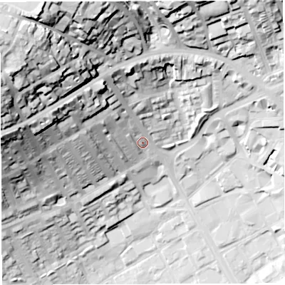 Shaded relief map of the ground around BB21EH, computed from Environment Agency LiDAR. The ground here sits at about 118 m above sea level and falls 68 m across the surrounding 800 m. Surface water reaching this point runs off ground lying to the north-west, 26.1 m higher.