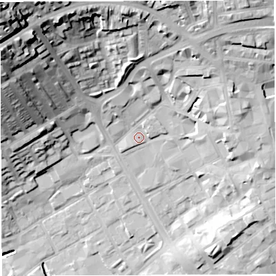 Shaded relief map of the ground around BB21LH, computed from Environment Agency LiDAR. The ground here sits at about 109 m above sea level and falls 57 m across the surrounding 800 m. Surface water reaching this point runs off ground lying to the north-north-east, 14.4 m higher.