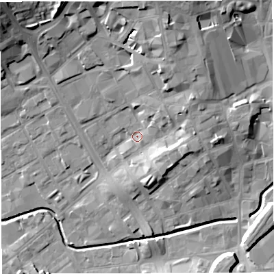 Shaded relief map of the ground around BB21LW, computed from Environment Agency LiDAR. The ground here sits at about 107 m above sea level and falls 22 m across the surrounding 800 m. Surface water reaching this point runs off ground lying to the north-east, 9.7 m higher.