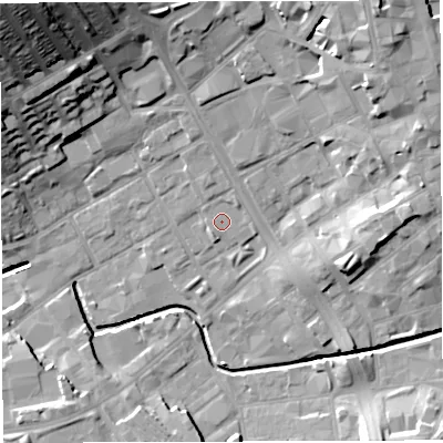 Shaded relief map of the ground around BB21NA, computed from Environment Agency LiDAR. The ground here sits at about 105 m above sea level and falls 34 m across the surrounding 800 m. Surface water reaching this point runs off ground lying to the north-east, 1.2 m higher.