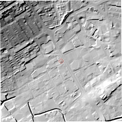 Shaded relief map of the ground around BB21NE, computed from Environment Agency LiDAR. The ground here sits at about 107 m above sea level and falls 56 m across the surrounding 800 m. Surface water reaching this point runs off ground lying to the north-north-west, 32.4 m higher.