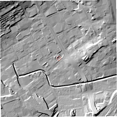 Shaded relief map of the ground around BB21NH, computed from Environment Agency LiDAR. The ground here sits at about 104 m above sea level and falls 24 m across the surrounding 800 m. Surface water reaching this point runs off ground lying to the north-north-east, 12.5 m higher.