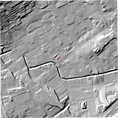 Shaded relief map of the ground around BB21NJ, computed from Environment Agency LiDAR. The ground here sits at about 104 m above sea level and falls 22 m across the surrounding 800 m. Surface water reaching this point runs off ground lying to the north, 3.1 m higher.