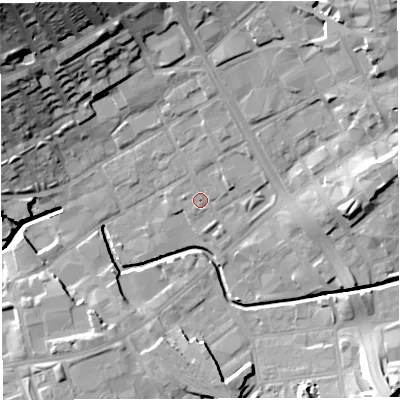 Shaded relief map of the ground around BB21NQ, computed from Environment Agency LiDAR. The ground here sits at about 104 m above sea level and falls 32 m across the surrounding 800 m. Surface water reaching this point runs off ground lying to the north-north-east, 2.8 m higher.