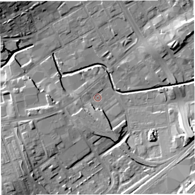 Shaded relief map of the ground around BB21NR, computed from Environment Agency LiDAR. The ground here sits at about 103 m above sea level and falls 18 m across the surrounding 800 m. Surface water reaching this point runs off ground lying to the east-south-east, 15.2 m higher.