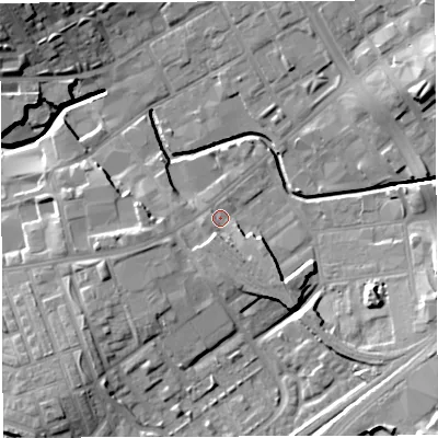 Shaded relief map of the ground around BB21NT, computed from Environment Agency LiDAR. The ground here sits at about 104 m above sea level and falls 18 m across the surrounding 800 m. Surface water reaching this point runs off ground lying to the west-south-west, 5.4 m higher.